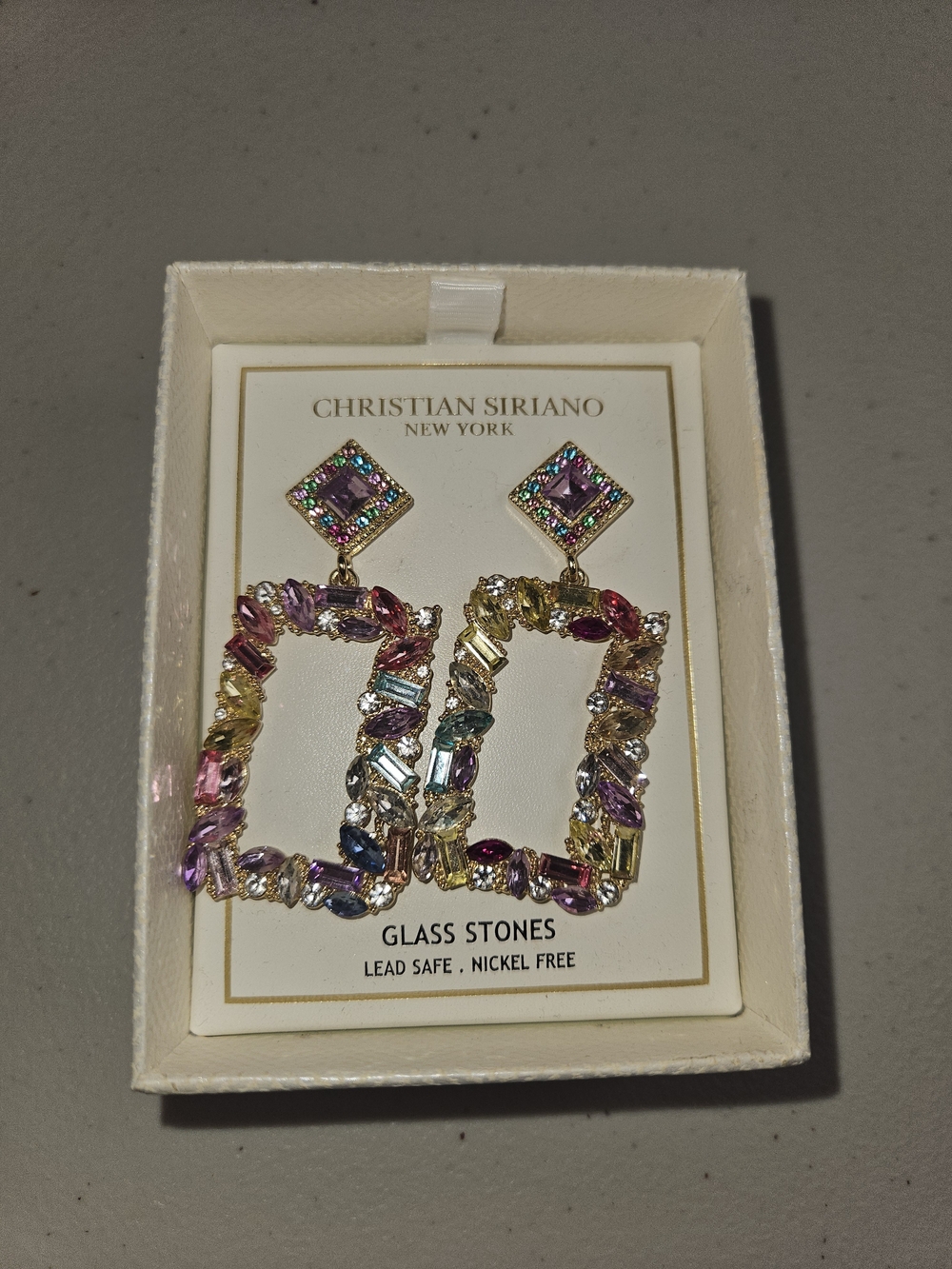 New Christian Siriano Gold-Tone Multicolor Glass Stone Rectangle Drop Earrings
